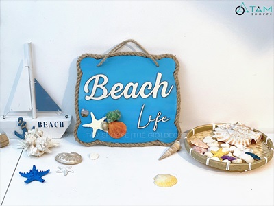 Bảng treo chủ đề biển Beach Life sao gỗ [Dây thừng - Vỏ ốc thật] KT24x22cm BTC-BIEN-04